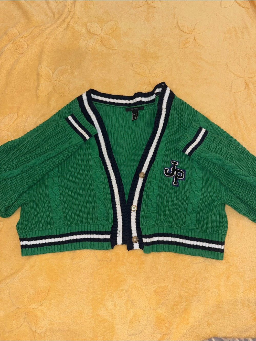 Forever 21 Green Cropped Cable-Knit Cardigan with Navy & White Trim